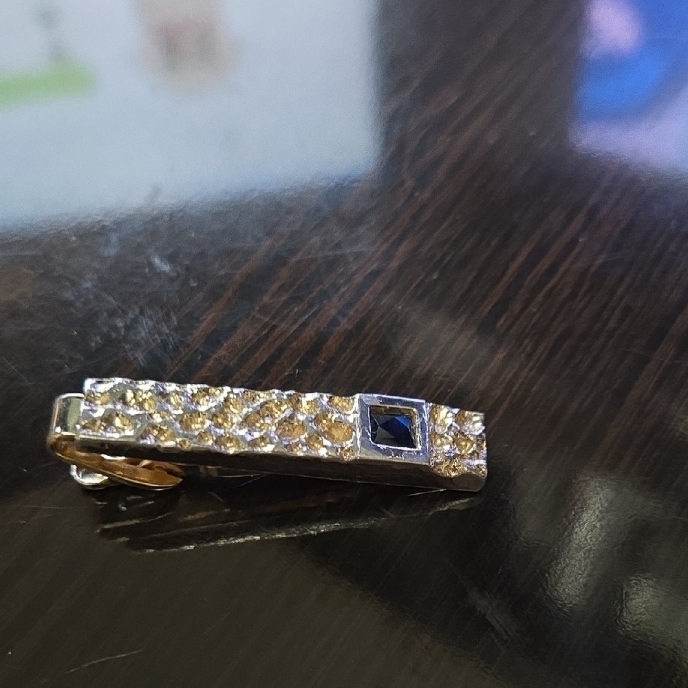 Vintage Men's Gold and Silver Tie Clip with Blue Accent